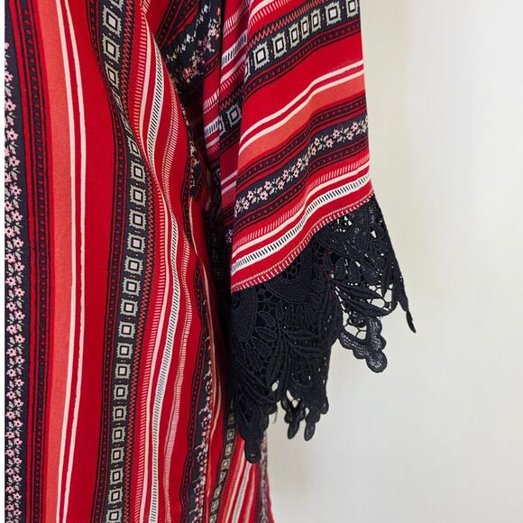 Cato Patriotic Blouse XL Red Striped Tassel Tie Lace Bell Sleeve Americana Boho - Picture 5 of 9